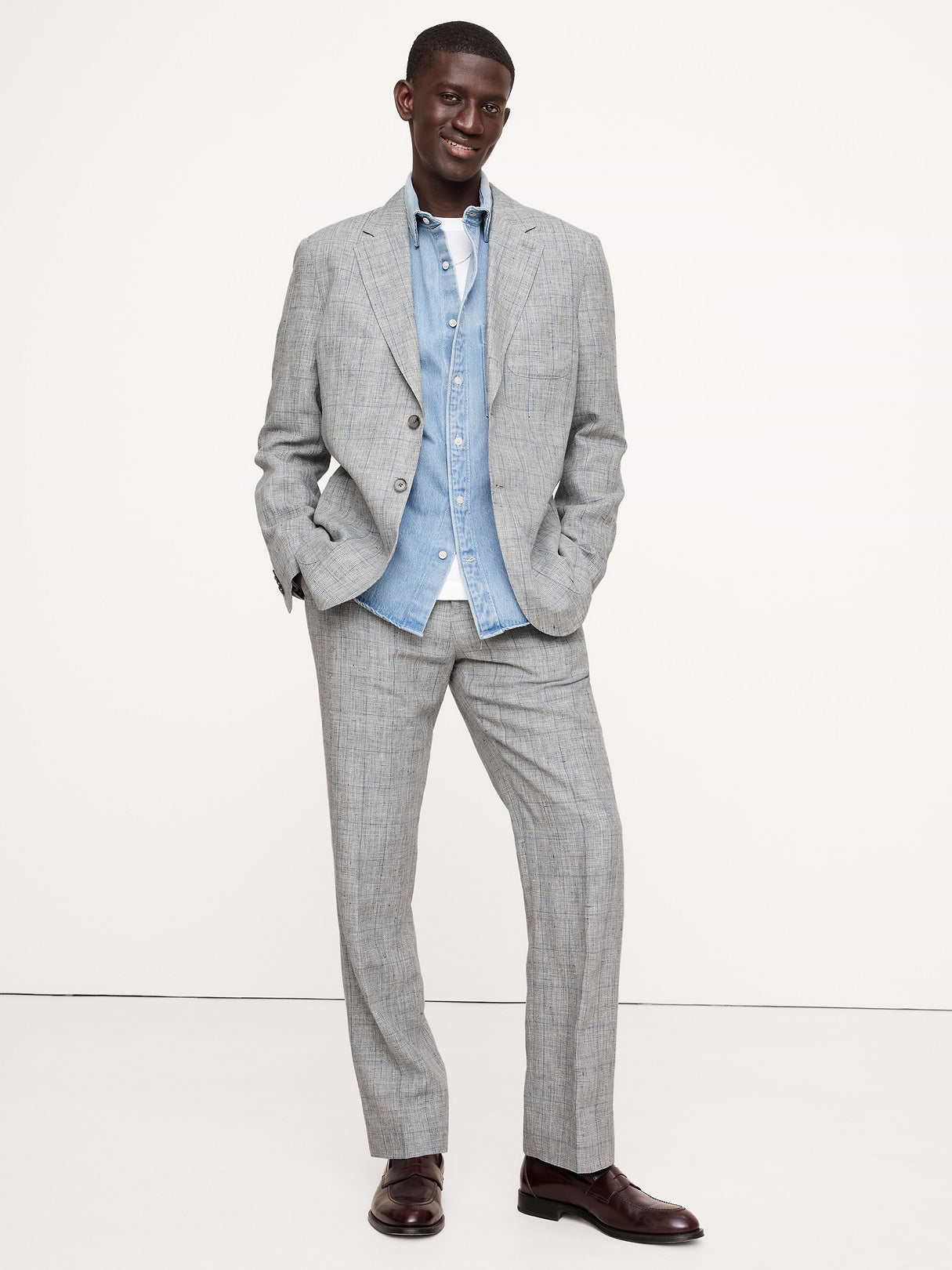 Straight Plaid Linen Suit Pant - Gray Plaid