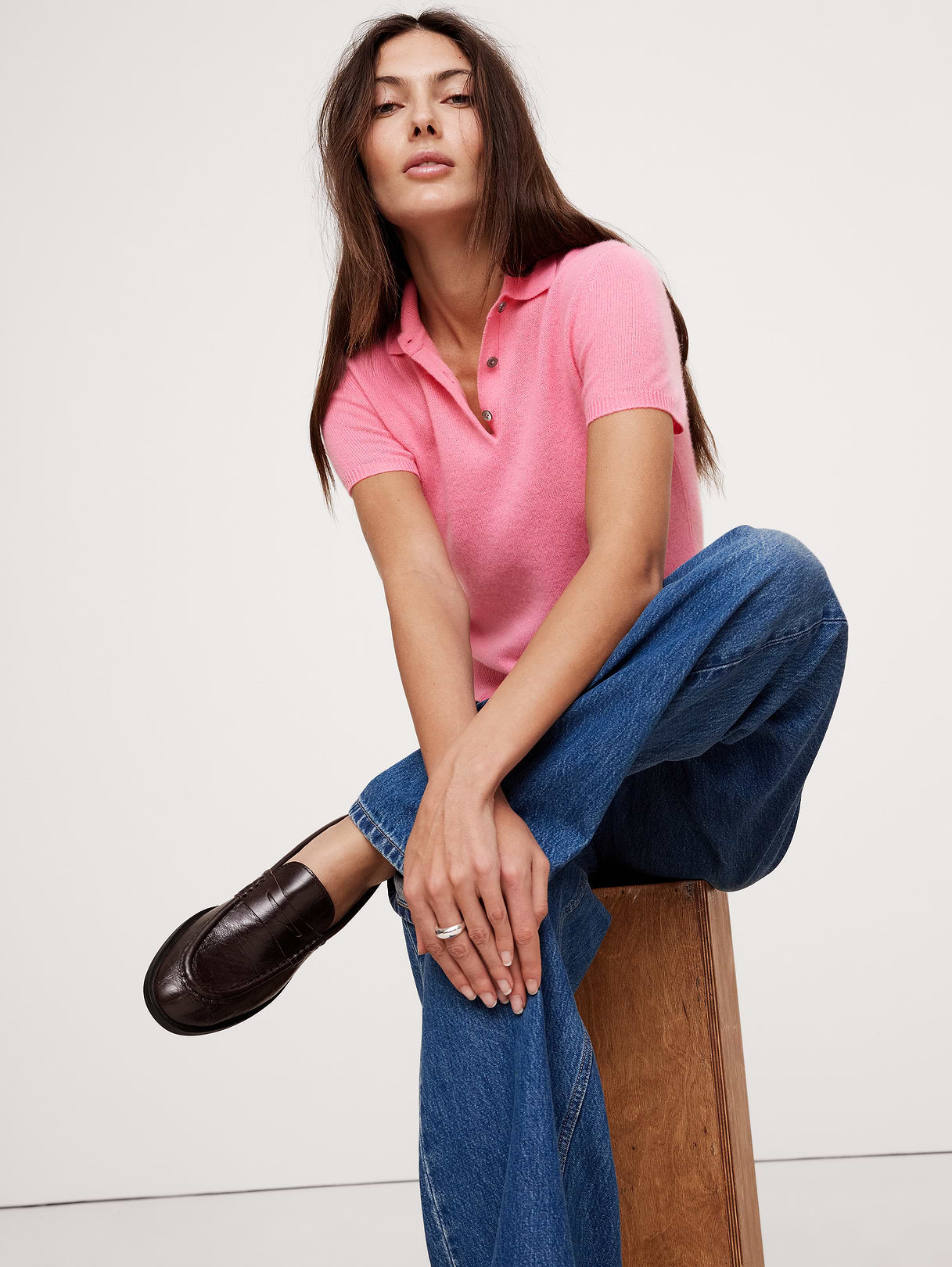 Lightweight Cashmere Short-Sleeve Sweater Polo - French Rose Pink