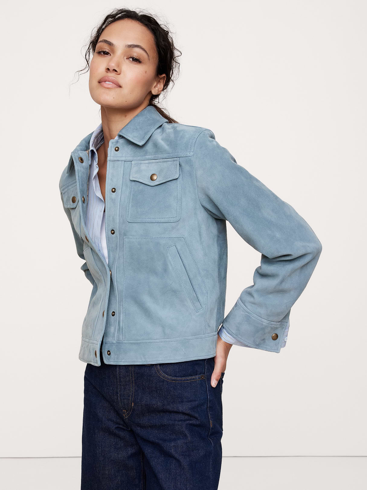 Relaxed Suede Trucker Jacket - Cerulean Blue