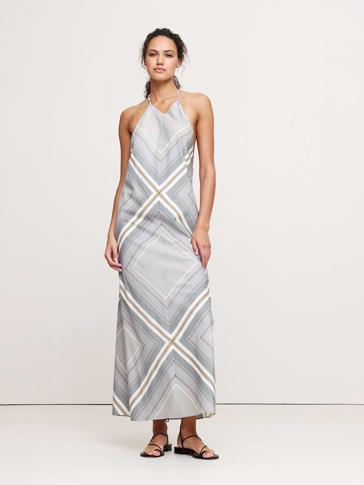 Cotton-Silk Halter Maxi Dress - Scarf Print