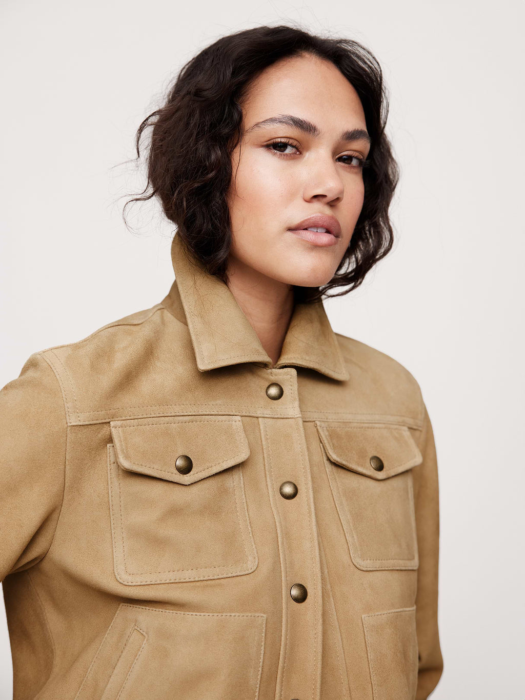 Relaxed Suede Trucker Jacket - Tan