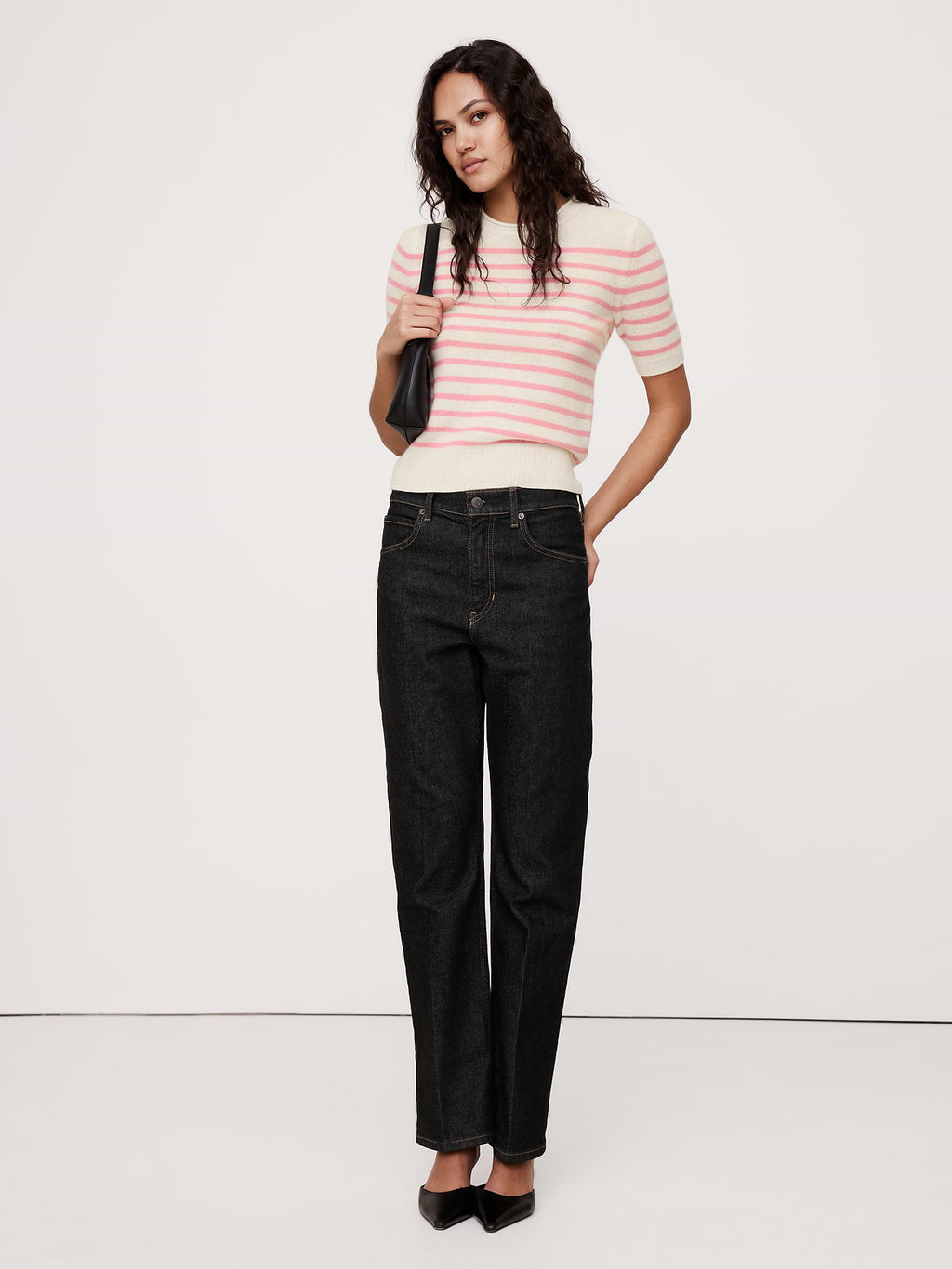 Lightweight Cashmere Short-Sleeve Sweater - Pink Stripe