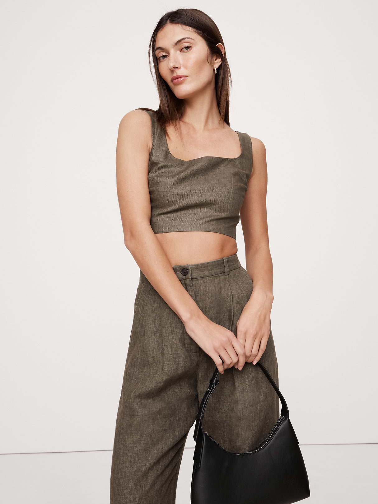 Linen Square-Neck Cropped Tank - Spiced Olive Green