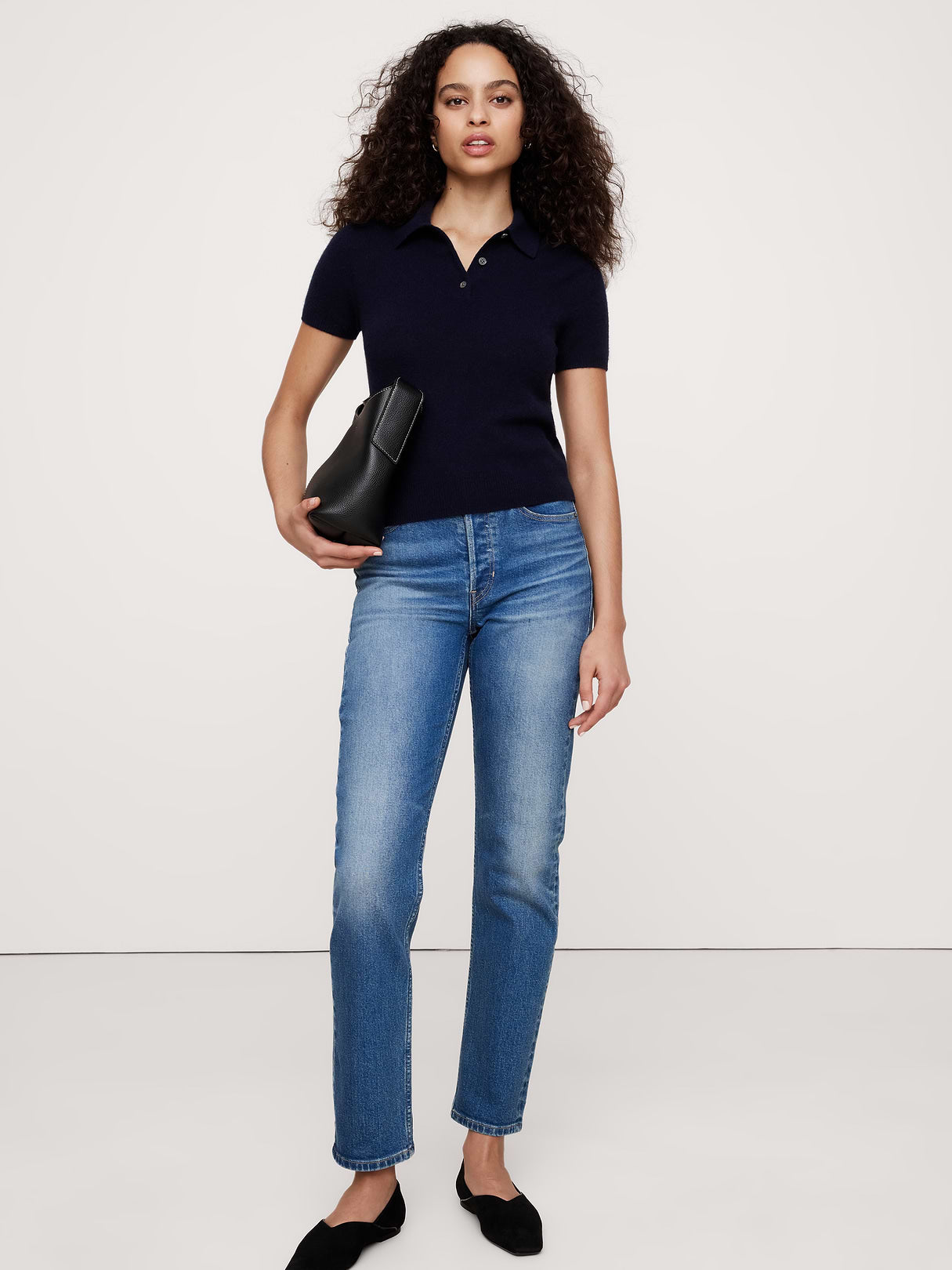 Lightweight Cashmere Short-Sleeve Sweater Polo - Navy Blue