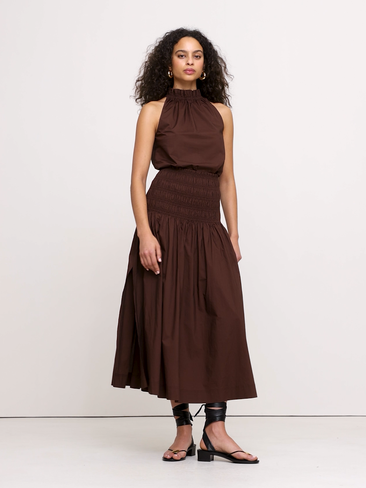 Cotton Poplin Smocked-Waist Maxi Skirt - Espresso Brown