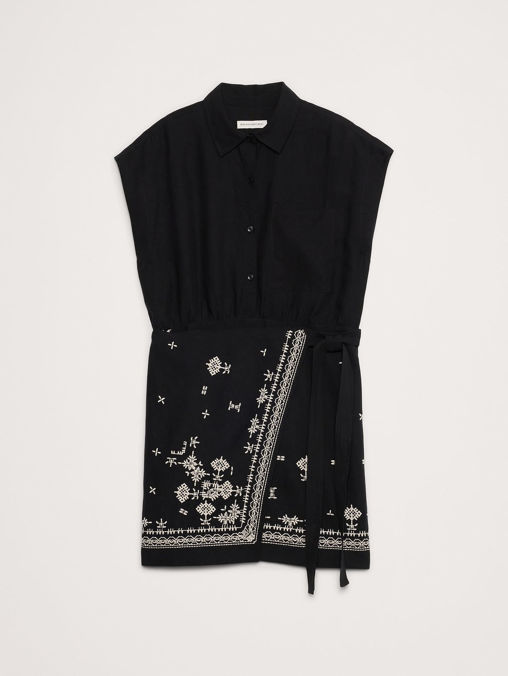 Embroidered Tencel™-Linen Wrap Dress - Black with Embroidery