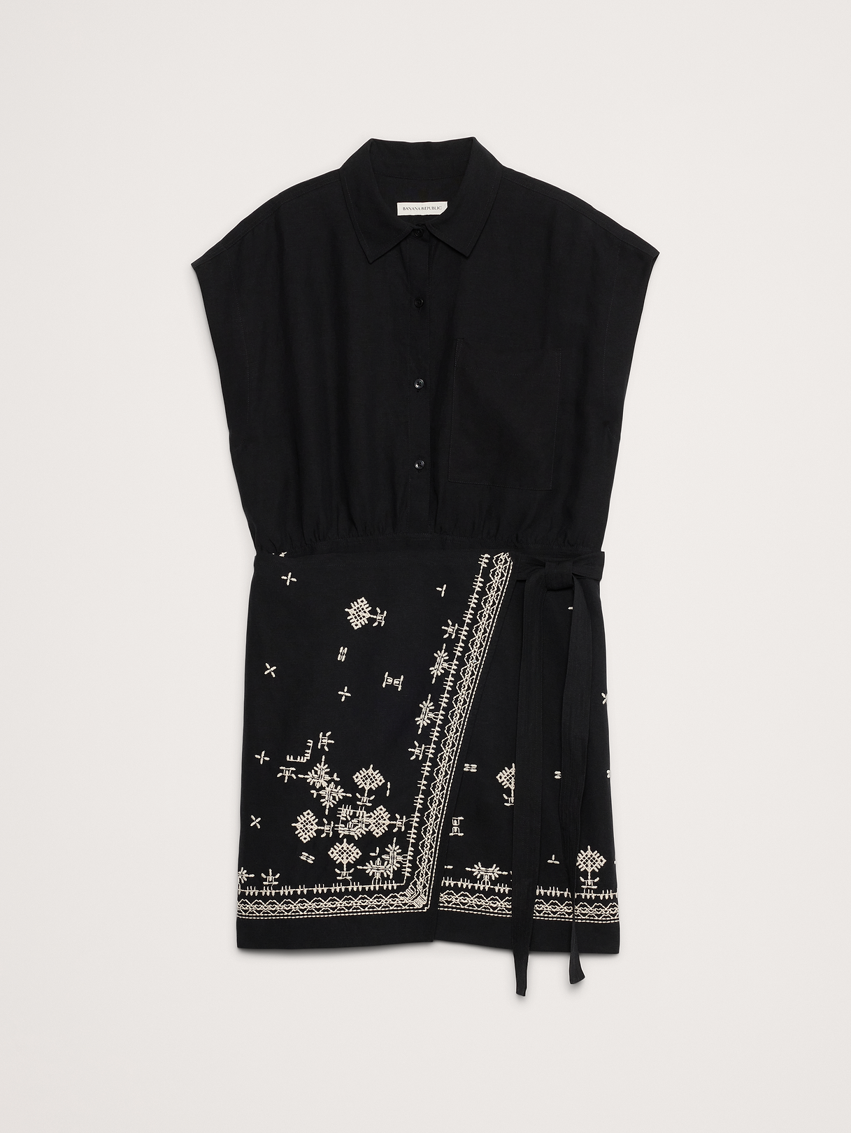 Embroidered Tencel™-Linen Wrap Dress - Black with Embroidery