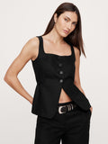 Linen Square-Neck Long Vest - Black