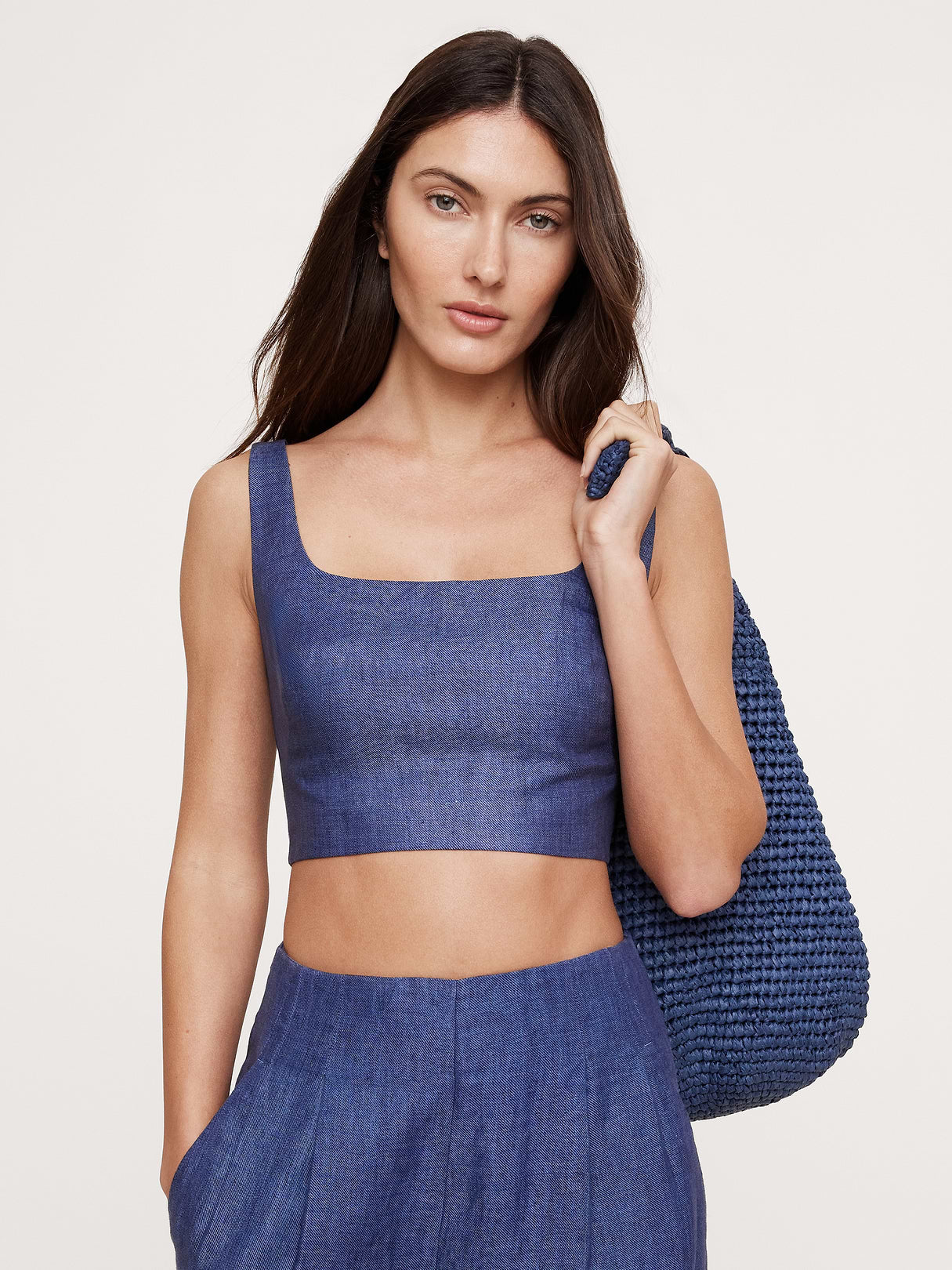 Linen Square-Neck Cropped Tank - Navy Blue