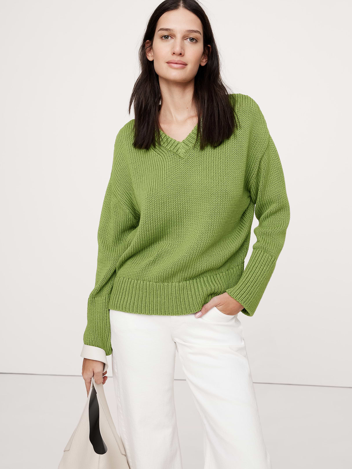 Cotton V-Neck Sweater - Willow Green