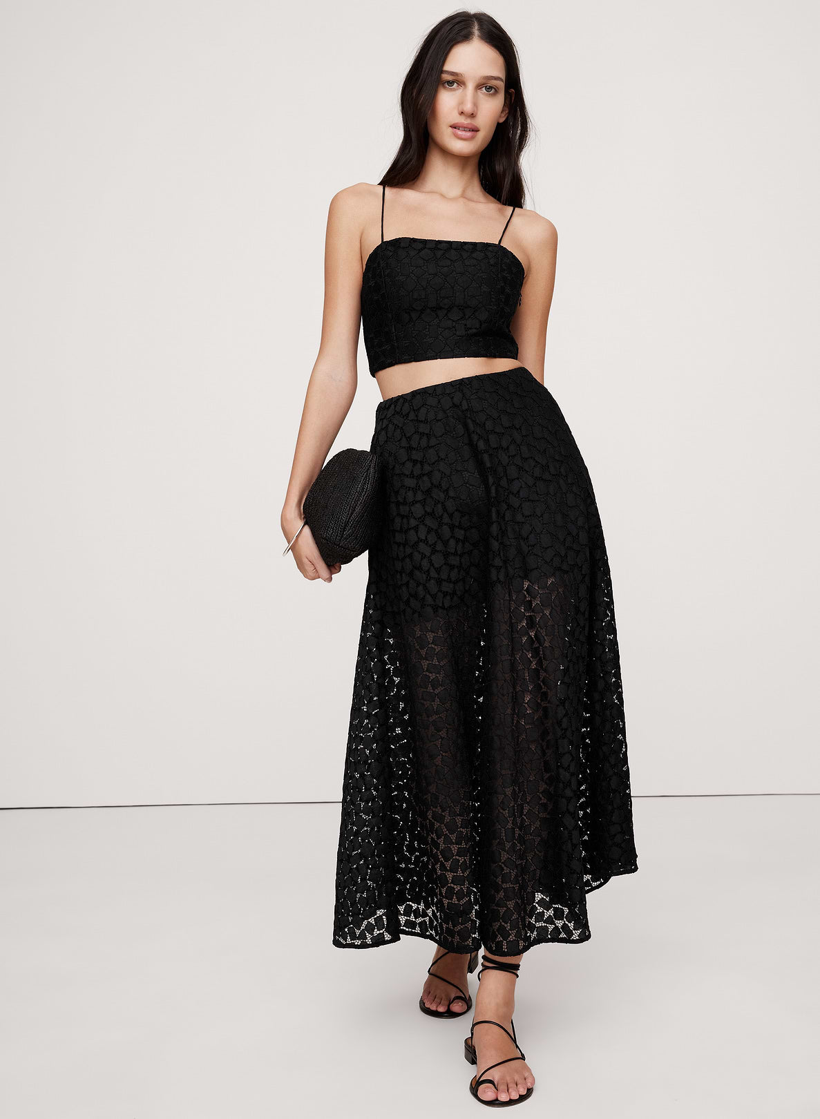 Strappy Geo Lace Cropped Top - Black