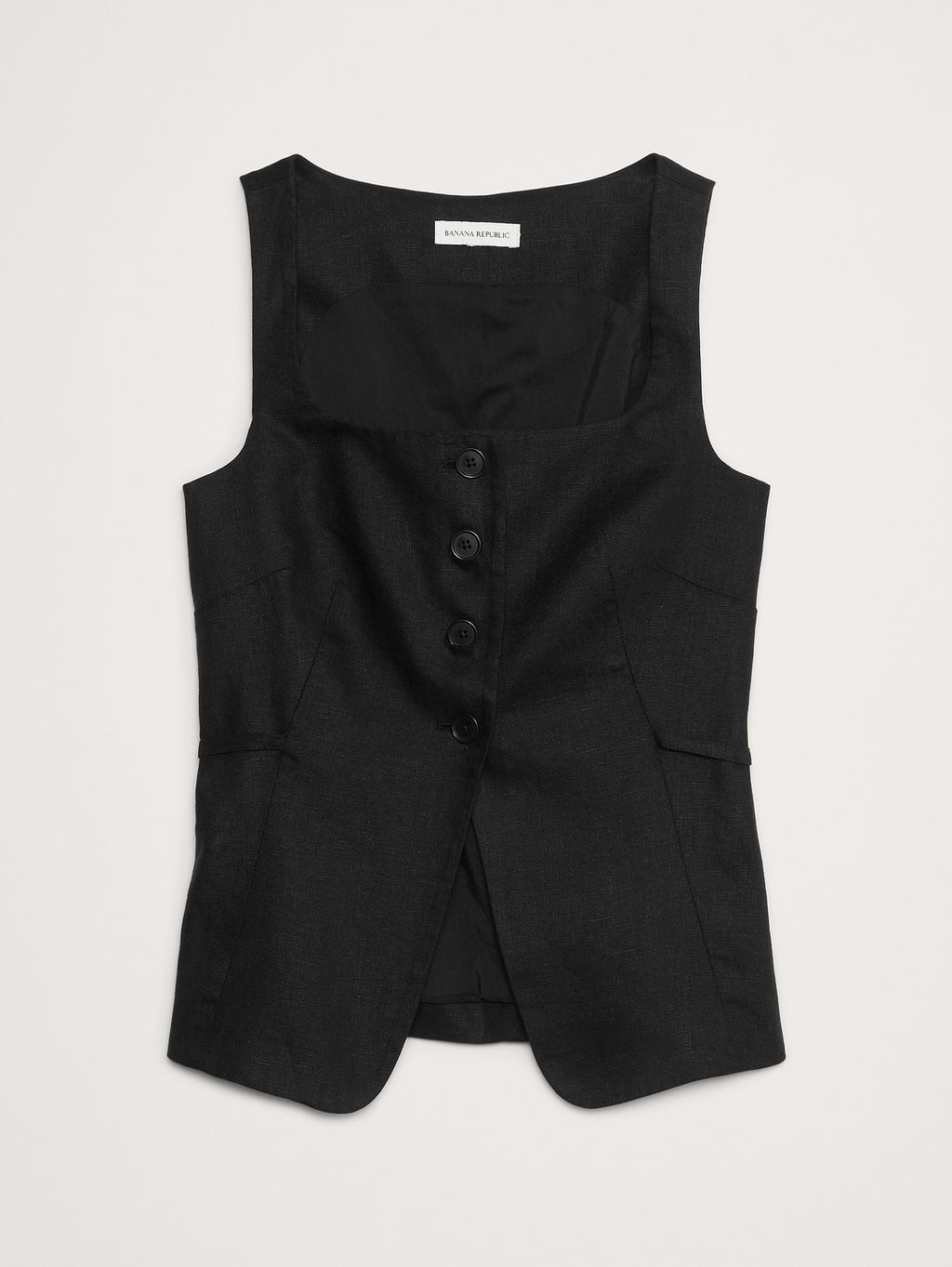 Linen Square-Neck Long Vest - Black