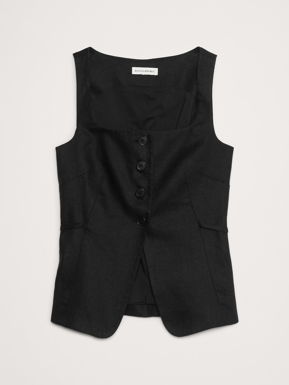 Linen Square-Neck Long Vest - Black