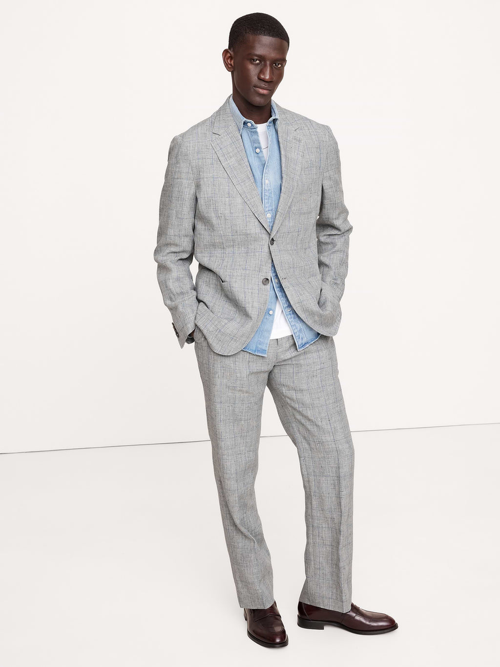 Straight Plaid Linen Suit Pant - Gray Plaid