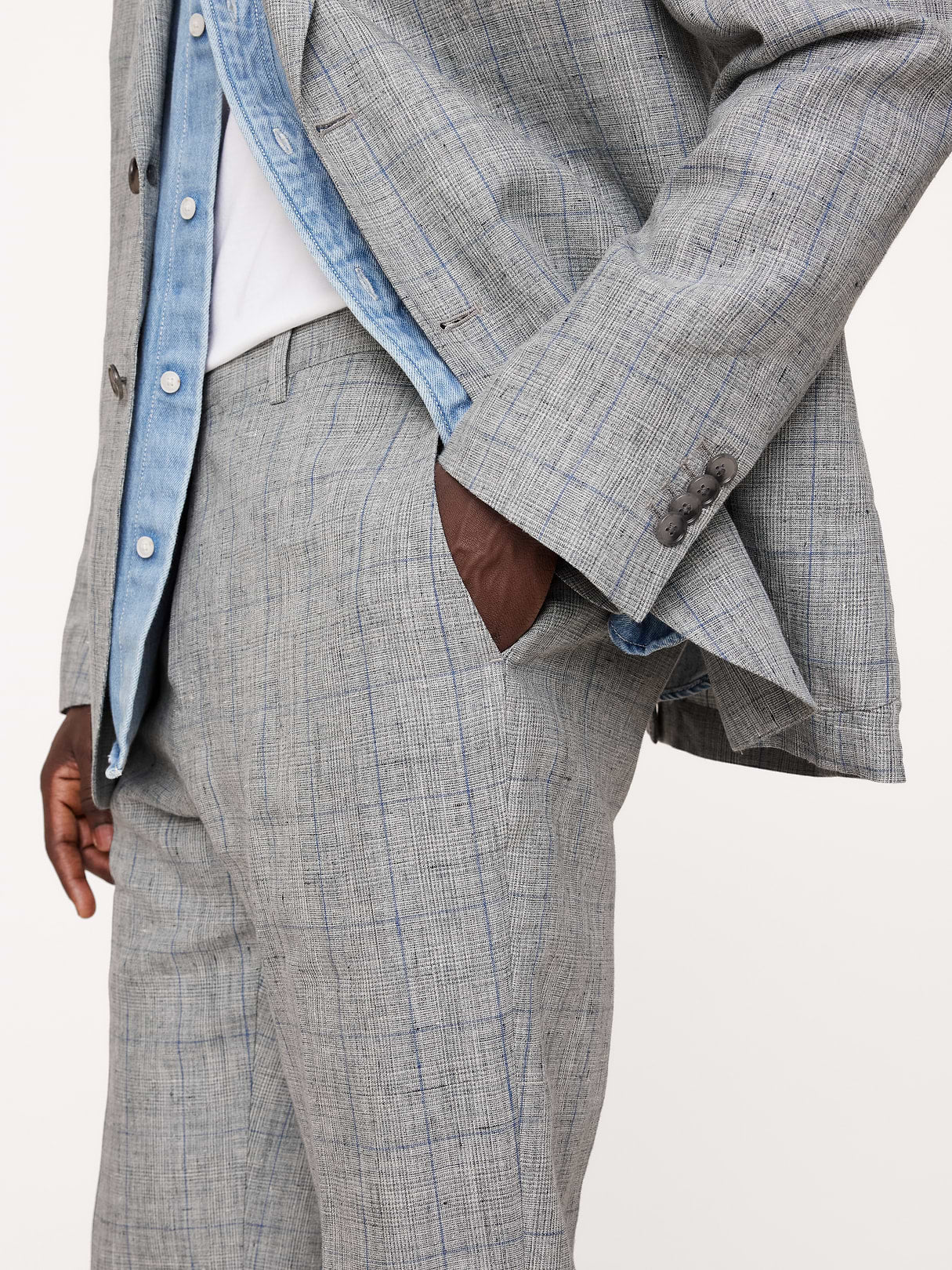 Straight Plaid Linen Suit Pant - Gray Plaid