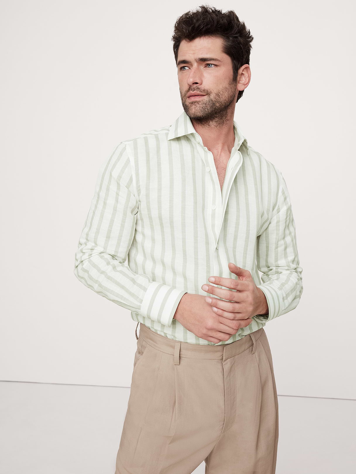 Slim-Fit Linen-Cotton Dress Shirt - Green Stripe