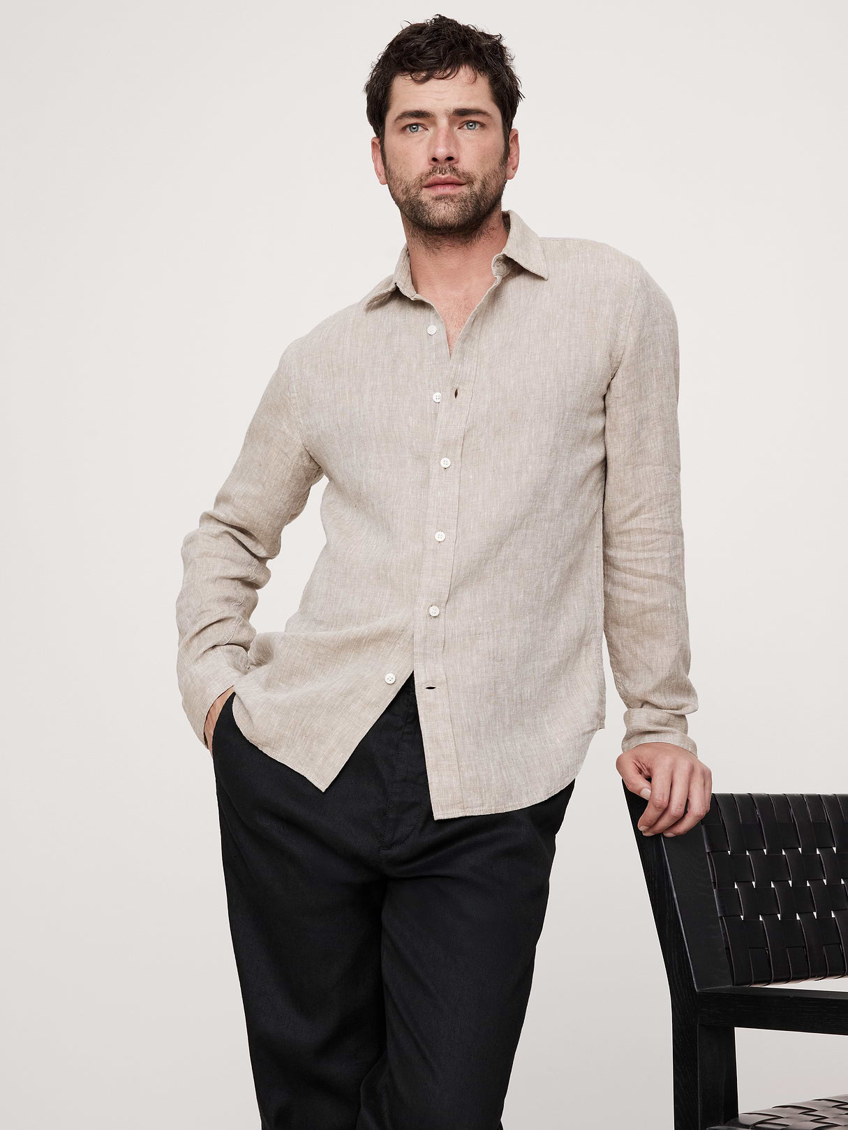 Slim-Fit Linen Shirt - Khaki Beige