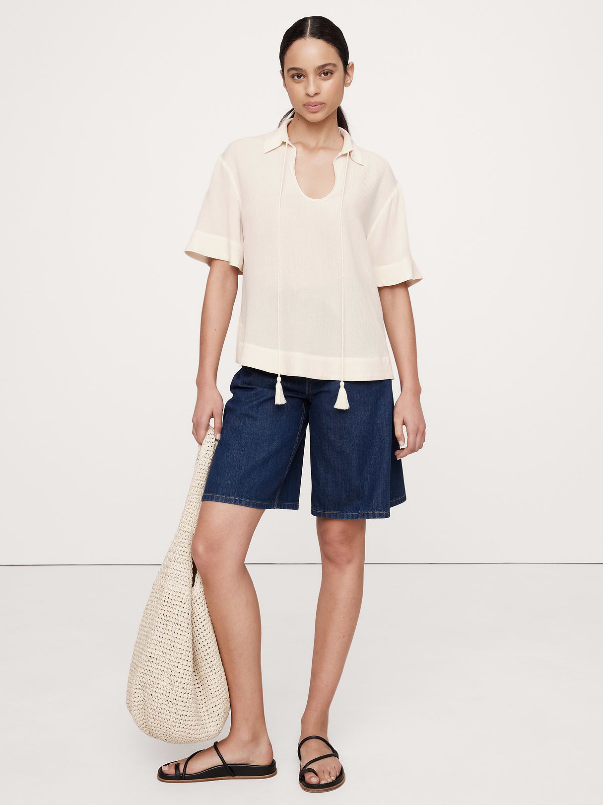 Gauze Tassel-Tie Popover Shirt - Cream White