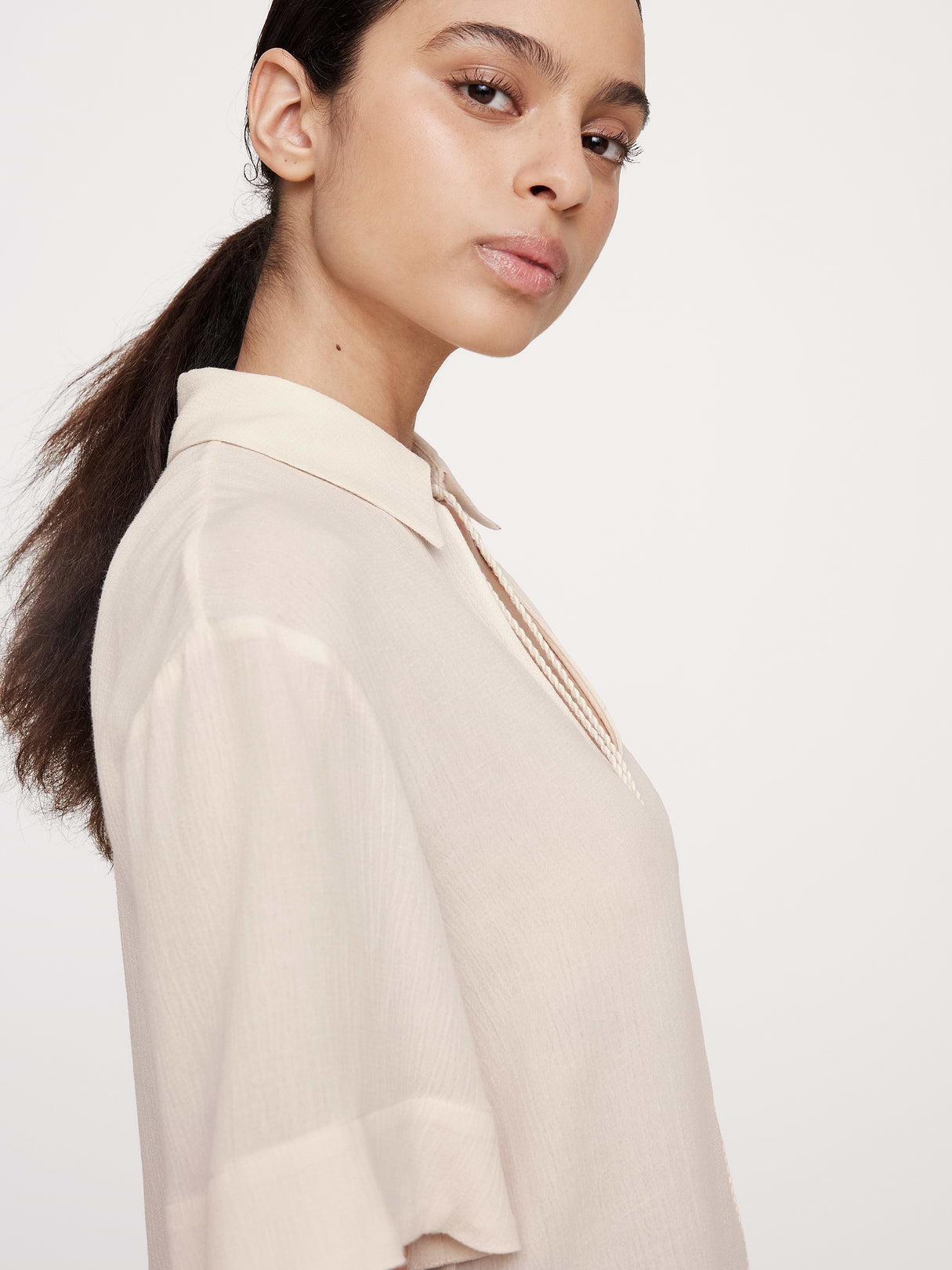 Gauze Tassel-Tie Popover Shirt - Cream White
