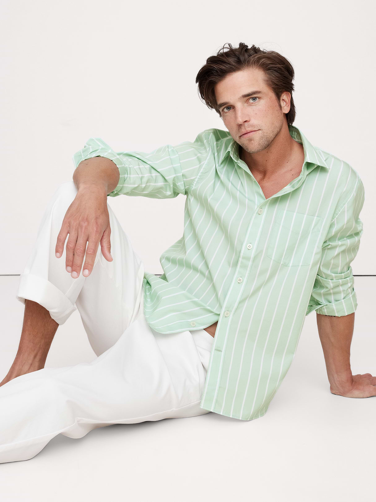 Standard-Fit Washed Cotton Poplin Shirt - Green Stripe