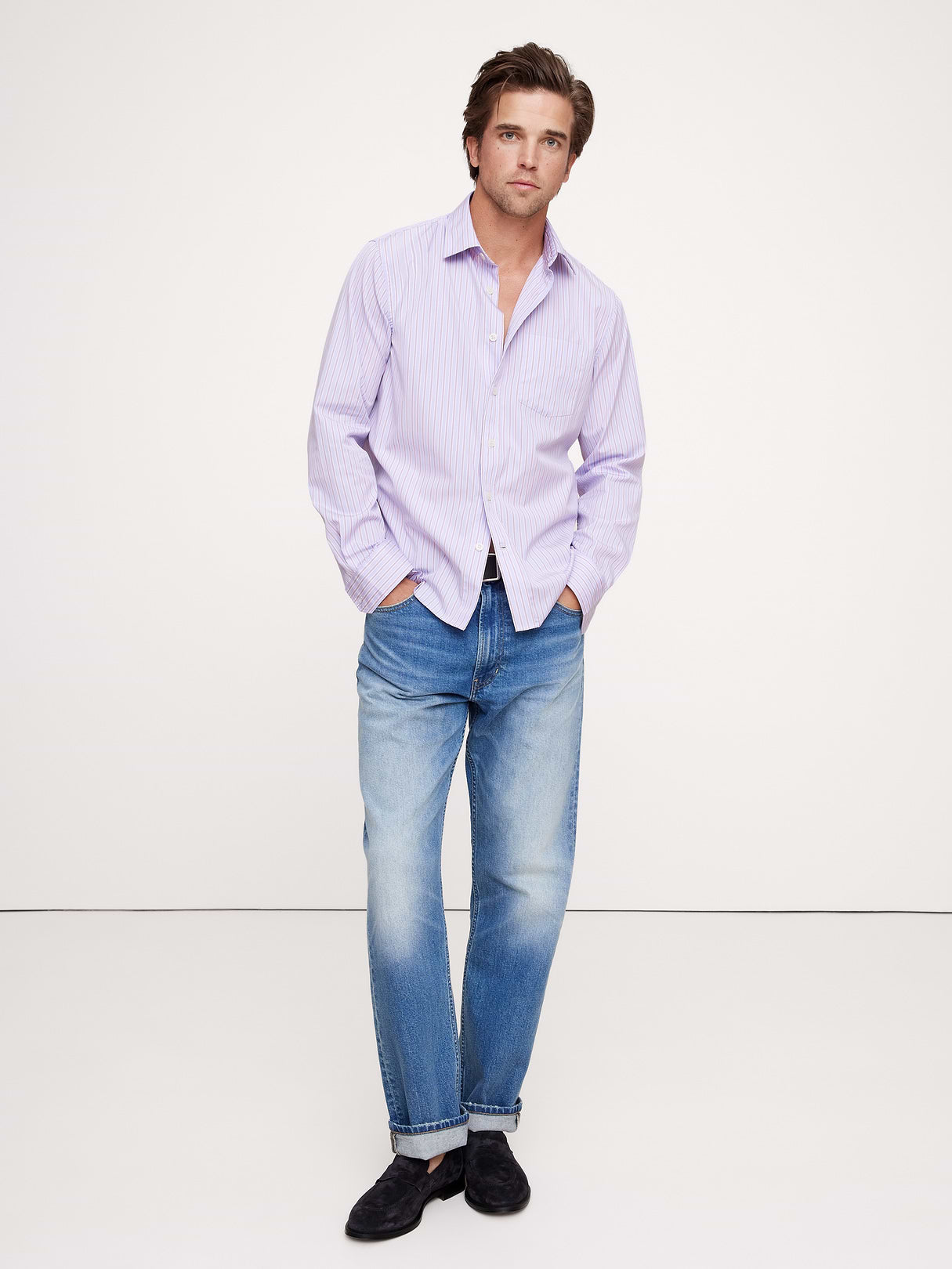Standard-Fit Washed Cotton Poplin Shirt - Lilac Stripe
