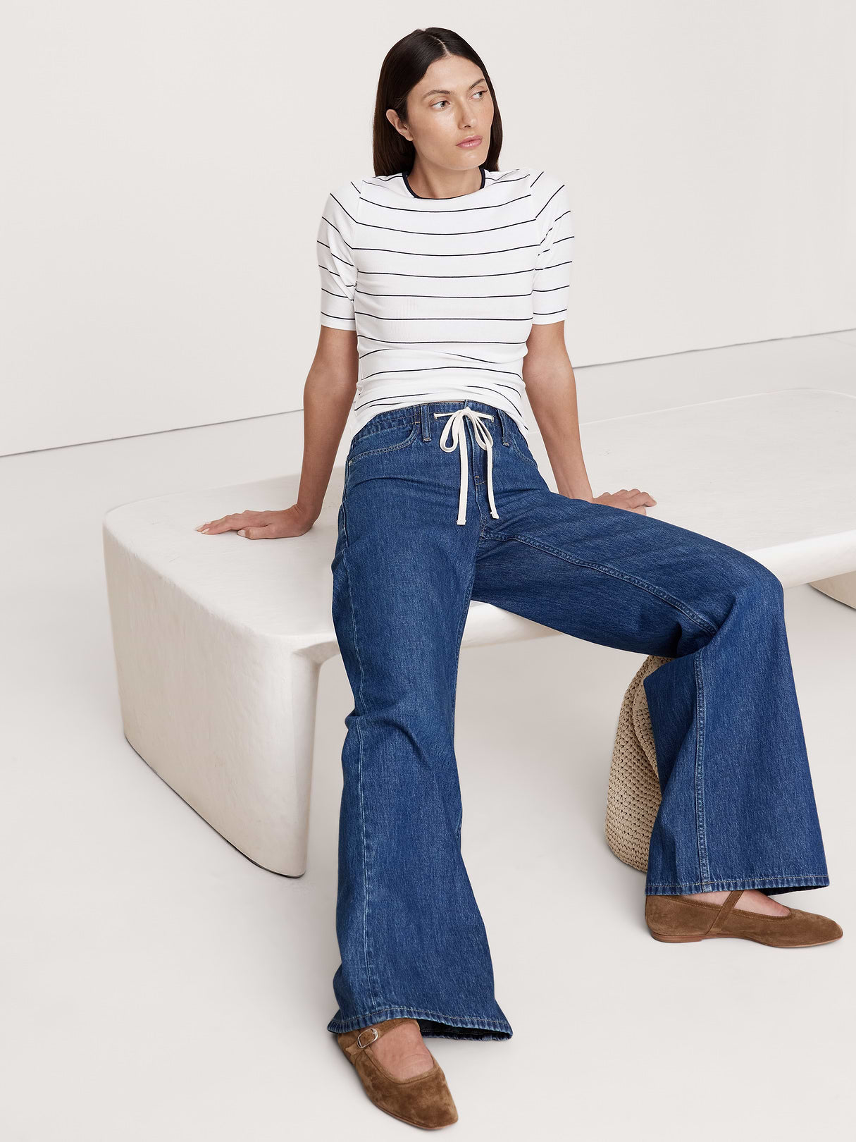 Ribbed Elbow-Sleeve T-Shirt - White & Navy Blue Stripe