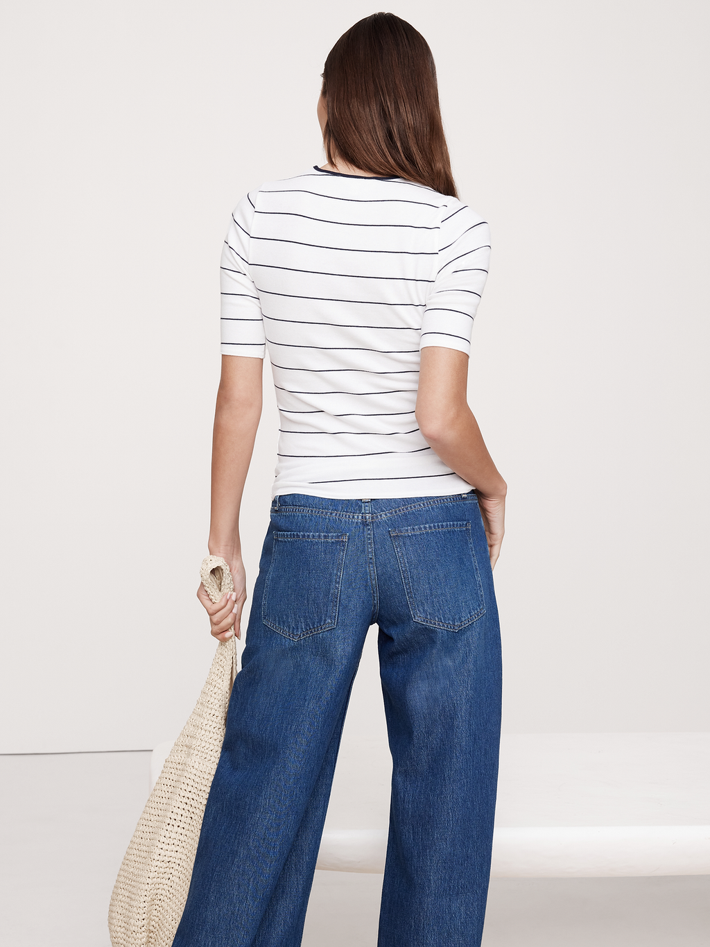 Ribbed Elbow-Sleeve T-Shirt - White & Navy Blue Stripe