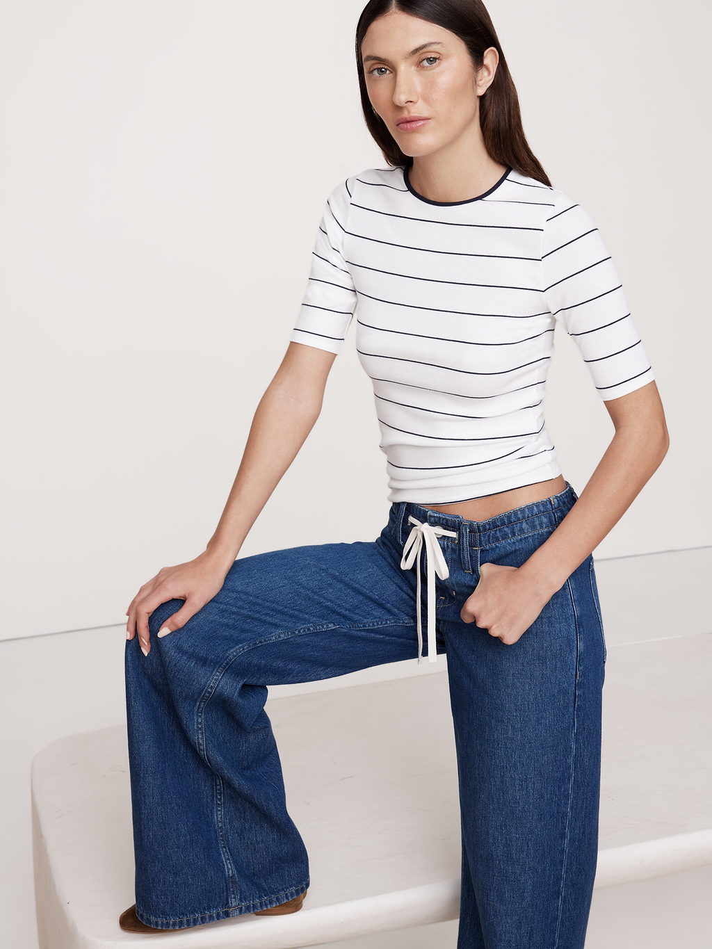 Ribbed Elbow-Sleeve T-Shirt - White & Navy Blue Stripe