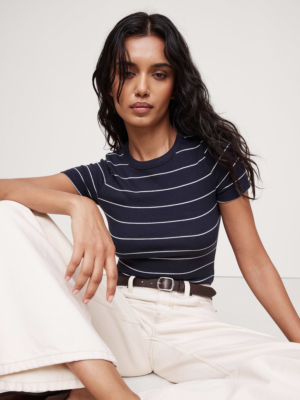 Ribbed Baby T-Shirt - Navy Blue & White Stripe