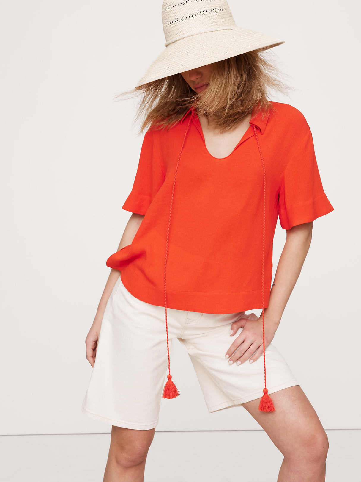 Gauze Tassel-Tie Popover Shirt - Orange