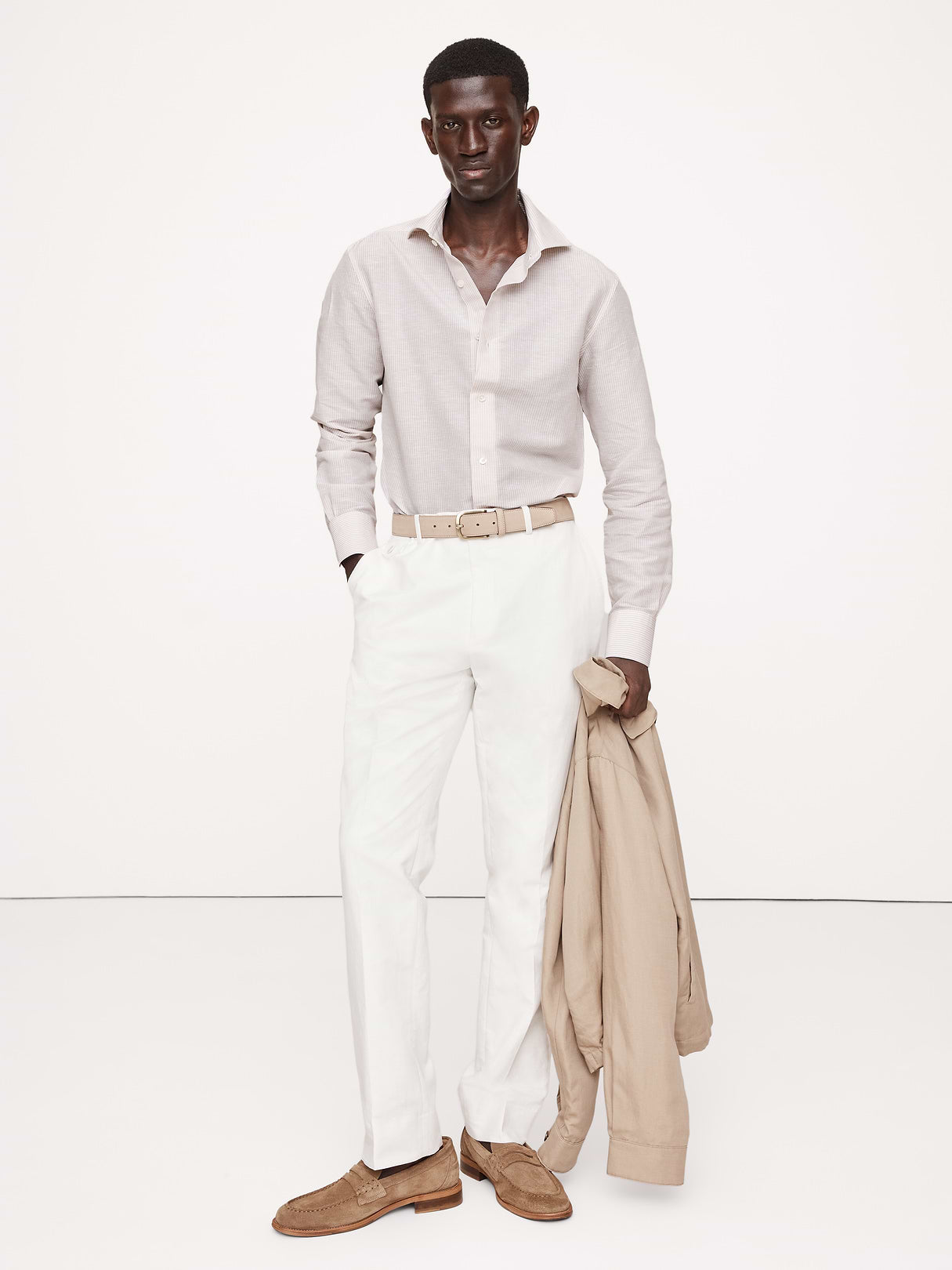 Slim-Fit Linen-Cotton Dress Shirt - Khaki Beige Stripe