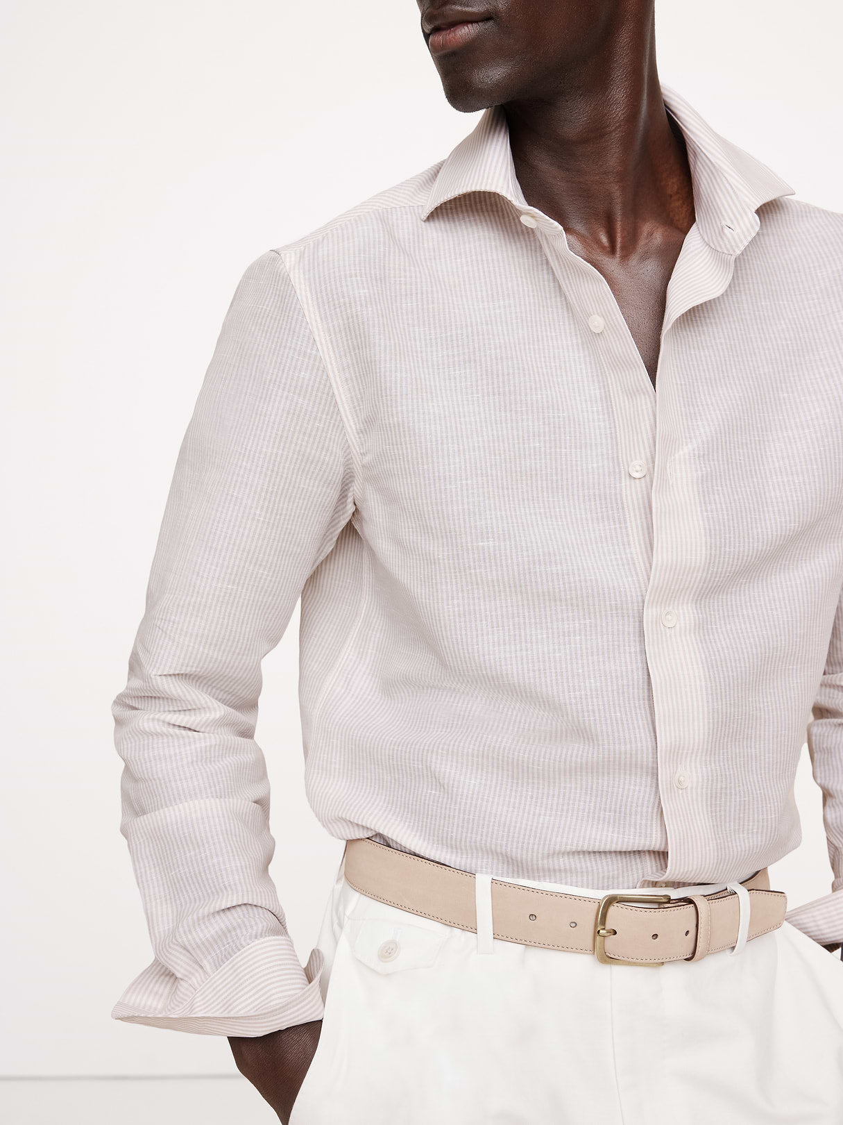 Slim-Fit Linen-Cotton Dress Shirt - Khaki Beige Stripe