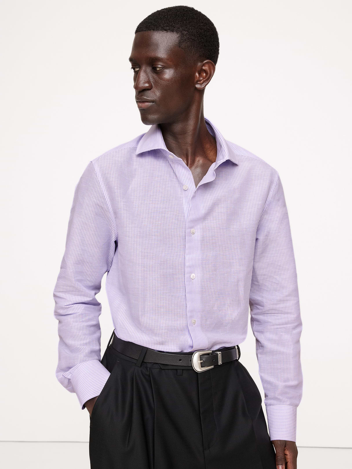 Slim-Fit Linen-Cotton Dress Shirt - Purple Stripe