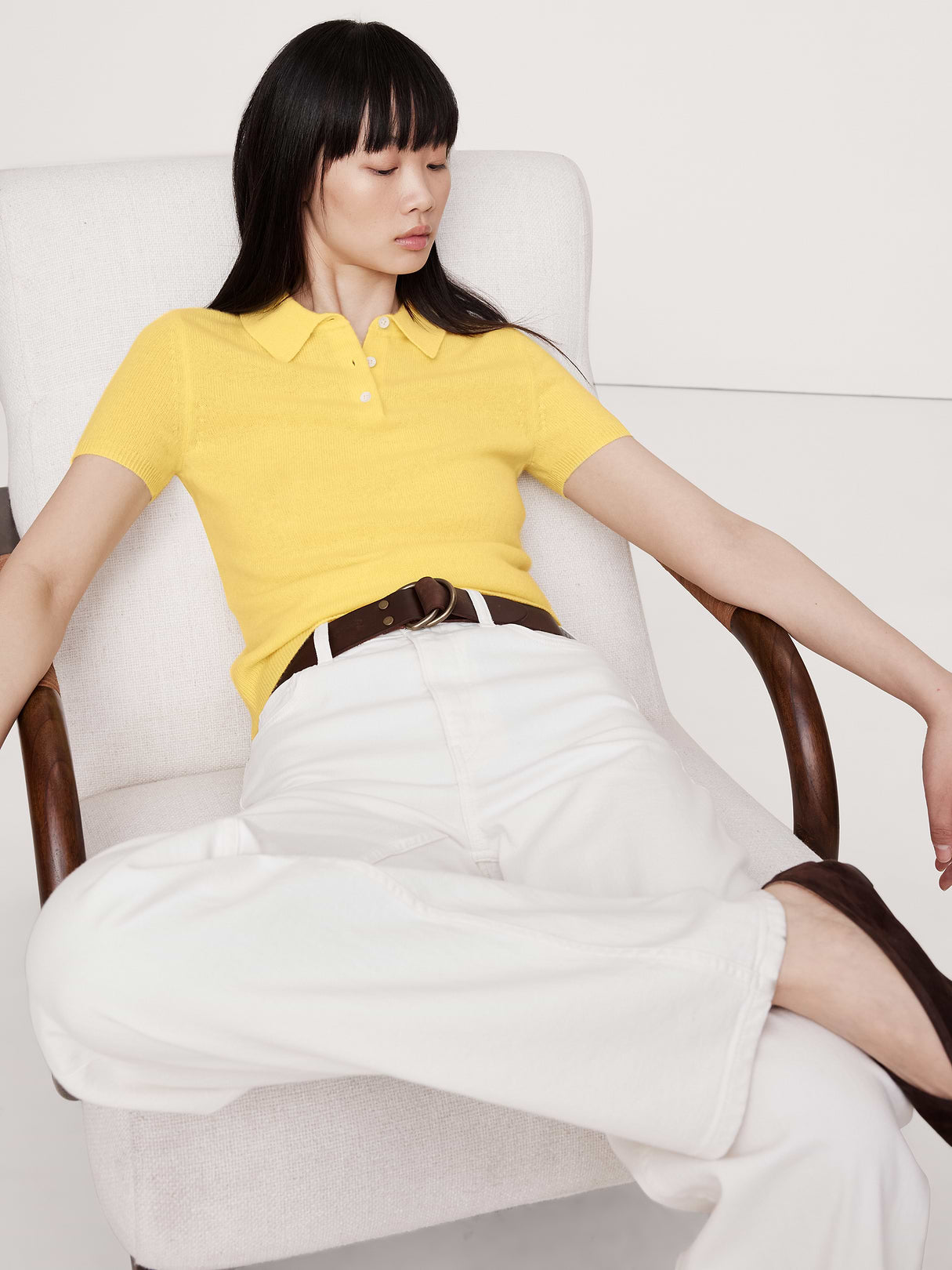 Lightweight Cashmere Short-Sleeve Sweater Polo - Bright Citrus Yellow