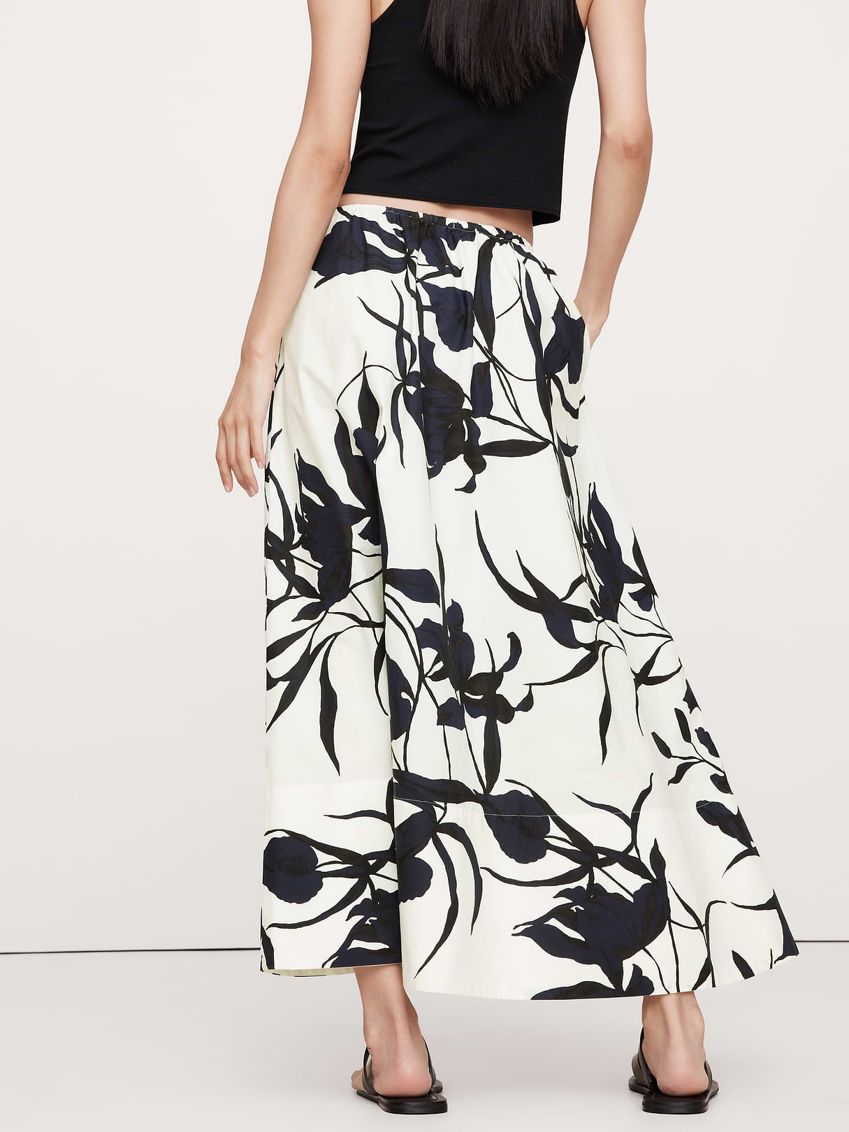 Cotton Poplin Maxi Skirt - Navy Blue & Cream Floral Print