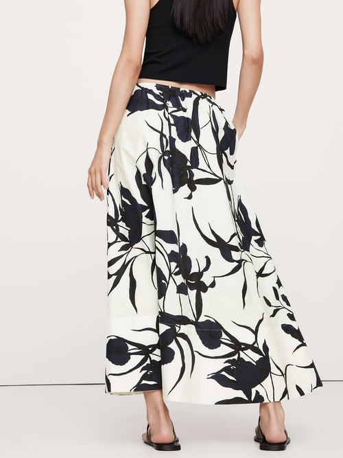 Cotton Poplin Maxi Skirt - Navy Blue & Cream Floral Print