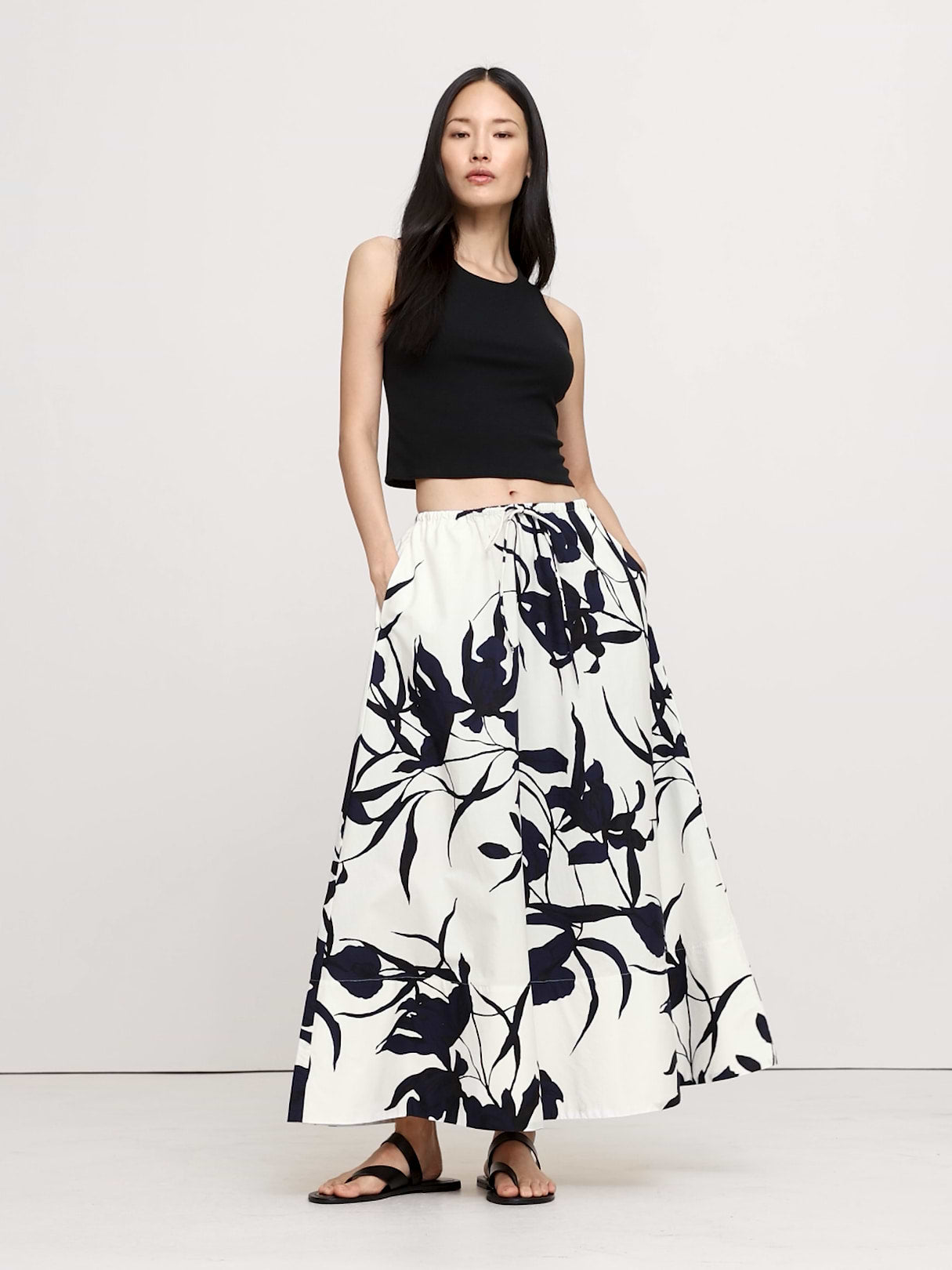 Cotton Poplin Maxi Skirt - Navy Blue & Cream Floral Print