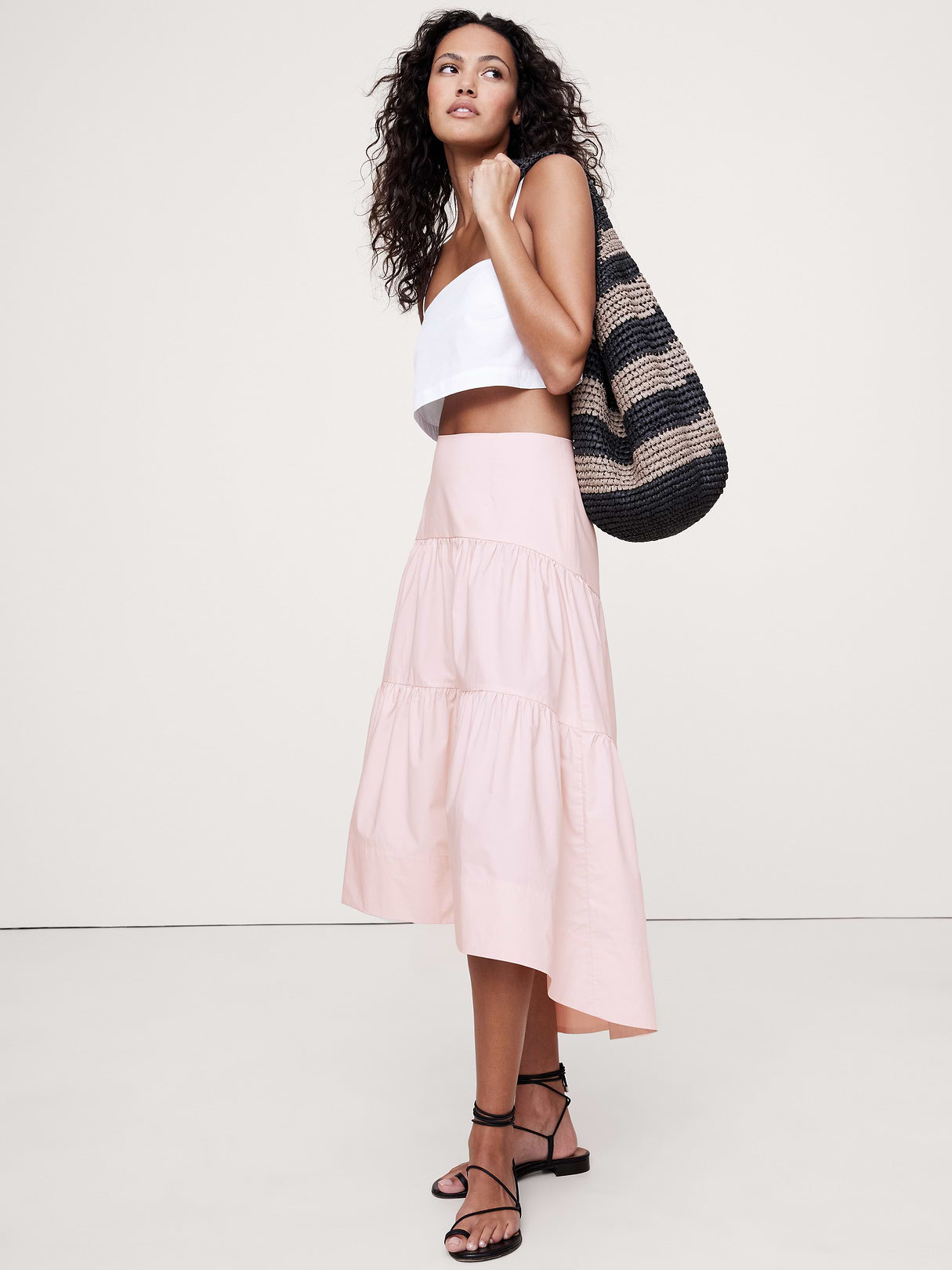 Cotton Poplin Drop-Waist Tiered Skirt - Pink Scallop