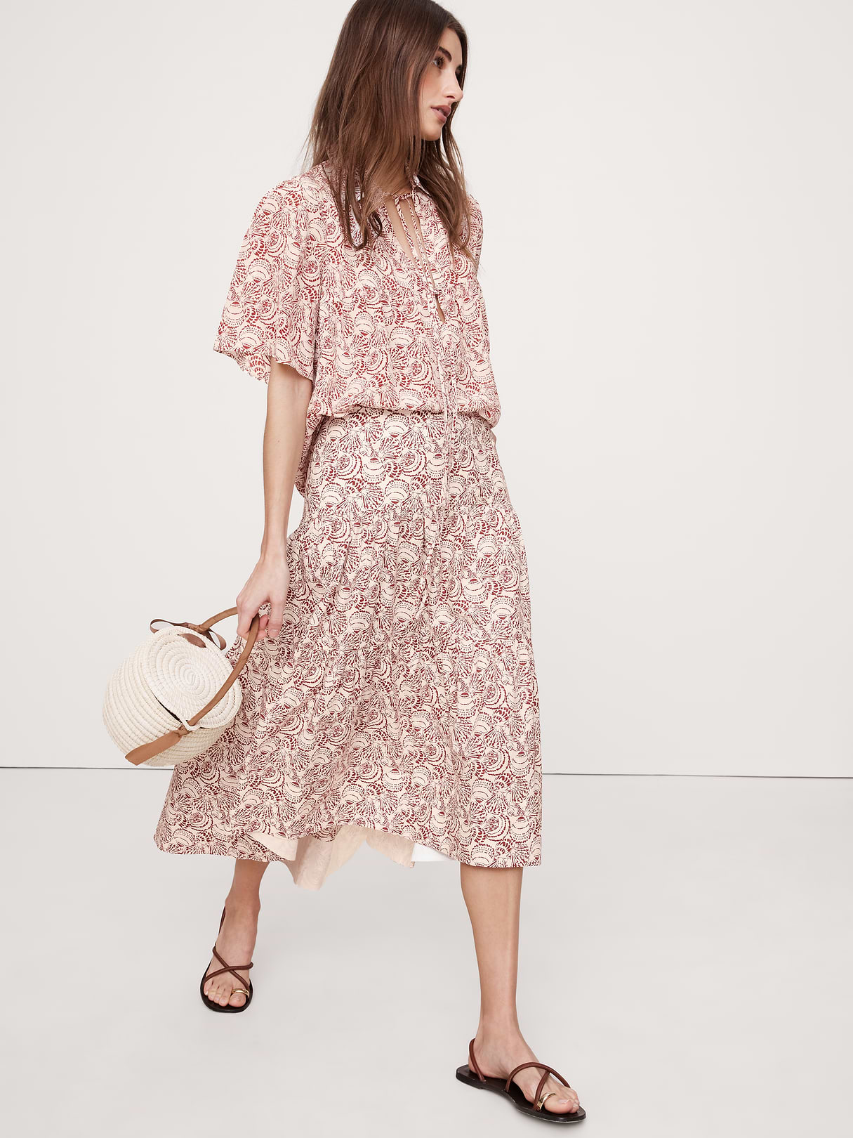 Cotton Poplin Drop-Waist Tiered Skirt - Red Clay Shell Print