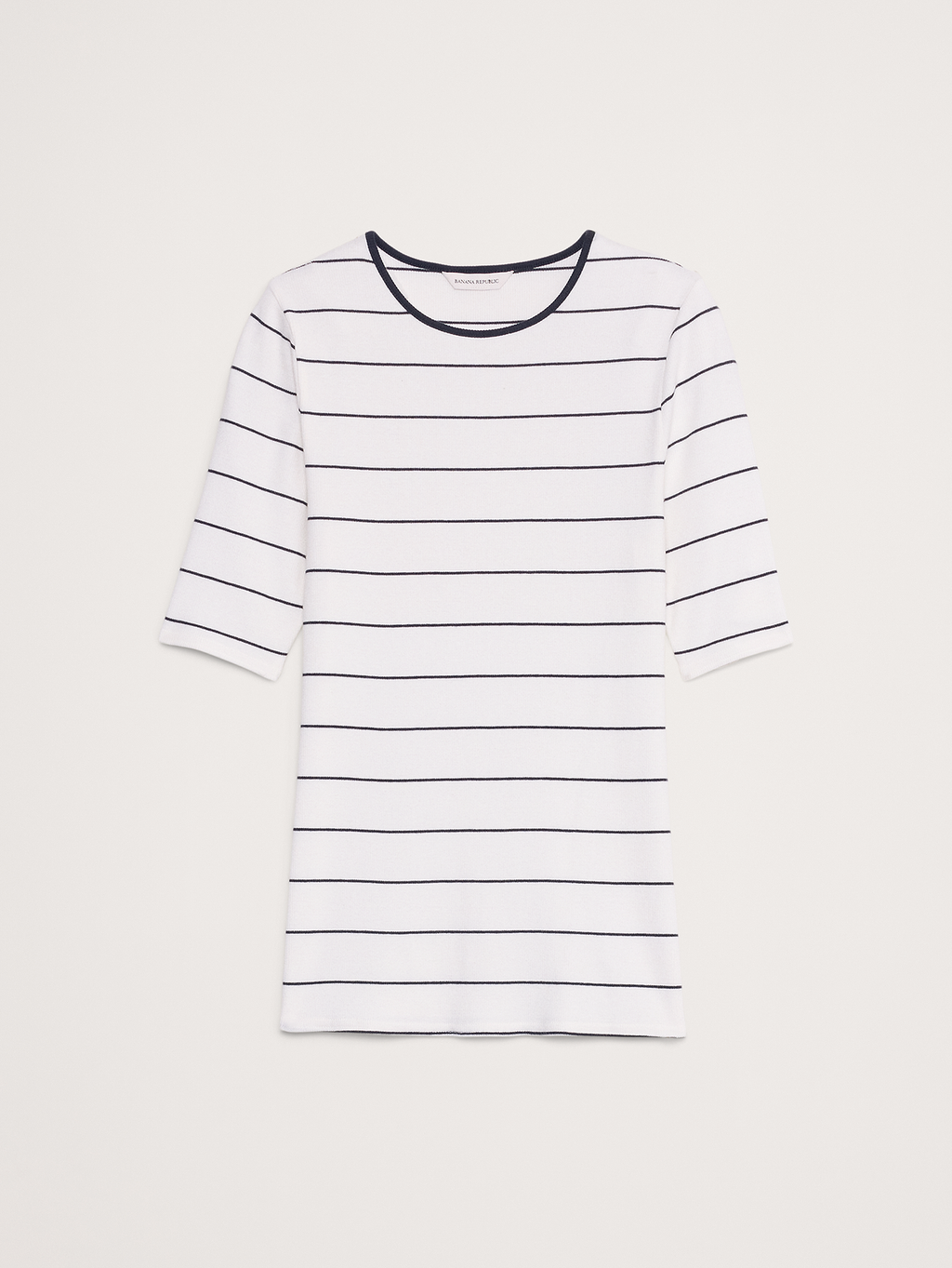 Ribbed Elbow-Sleeve T-Shirt - White & Navy Blue Stripe