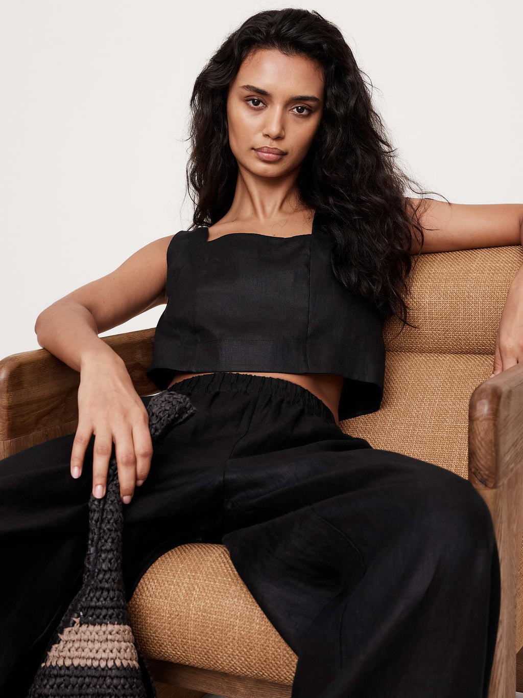 Linen Square-Neck Cropped Tank - Black