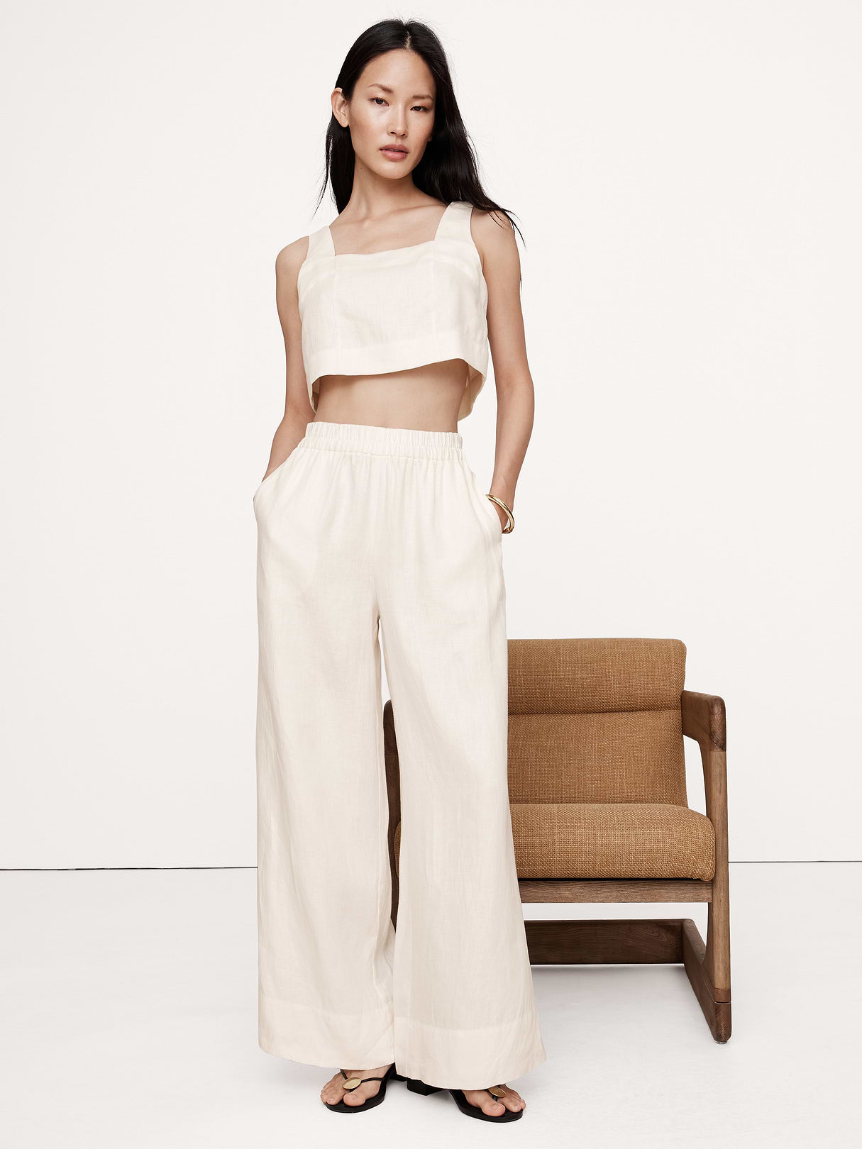Linen Square-Neck Cropped Tank - Magnolia Flower Ivory