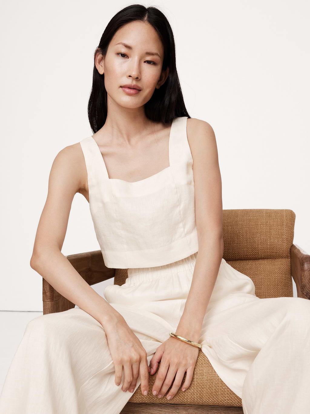 Linen Square-Neck Cropped Tank - Magnolia Flower Ivory