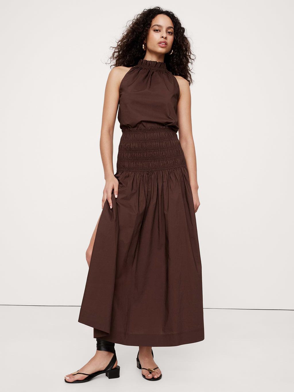 Cotton Poplin Smocked-Waist Maxi Skirt - Espresso Brown