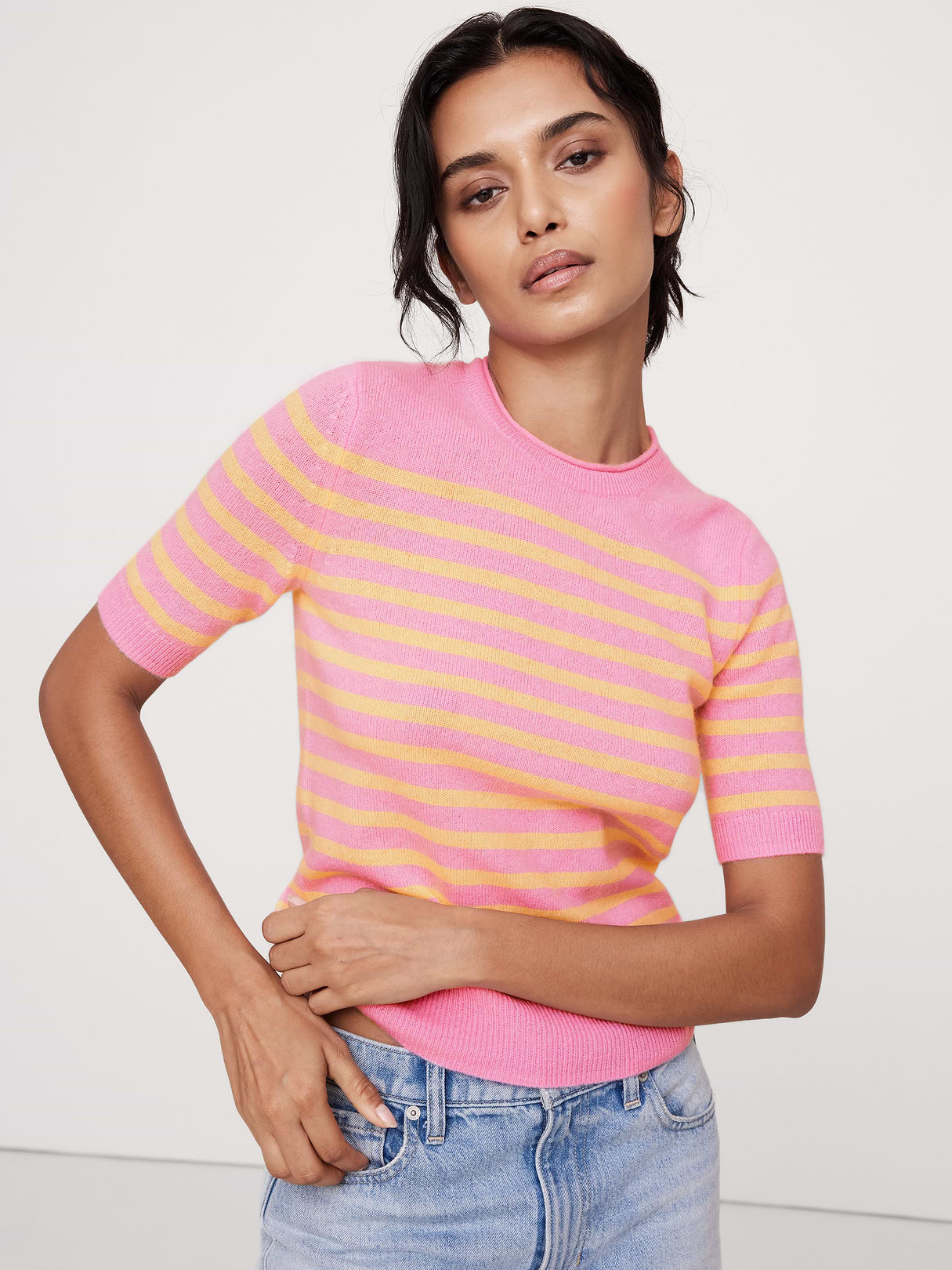 Lightweight Cashmere Short-Sleeve Sweater - Purple & Citrus Yellow Stripe