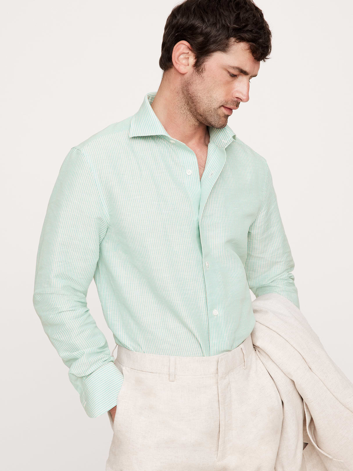 Slim-Fit Linen-Cotton Dress Shirt - Deepwater Stripe Green