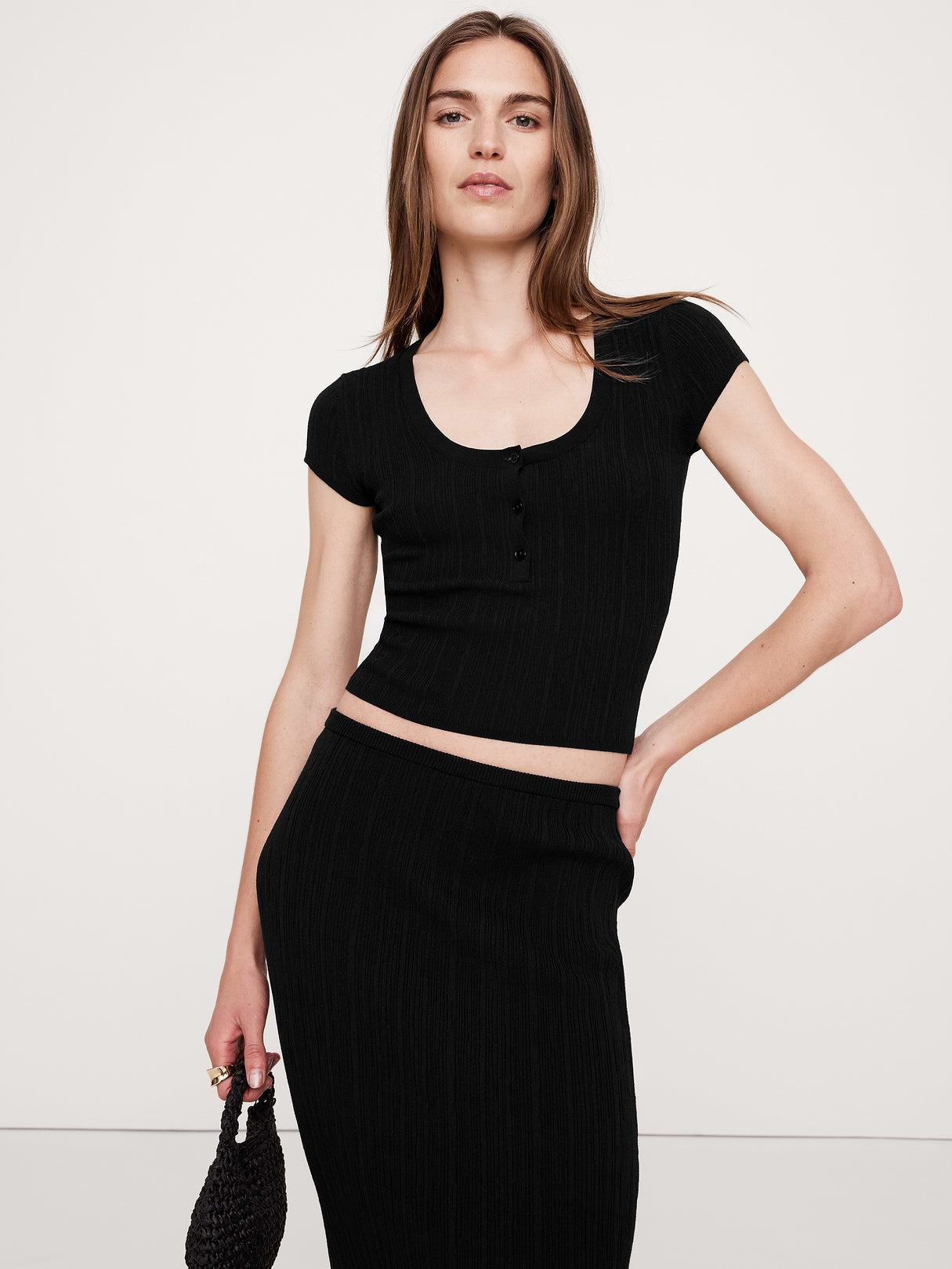 Crinkle Knit Cap-Sleeve Henley - Black