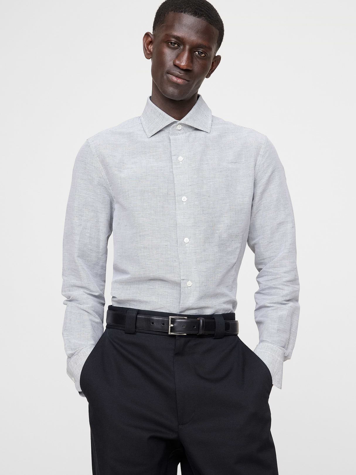 Slim-Fit Linen-Cotton Dress Shirt - White & Black Plaid
