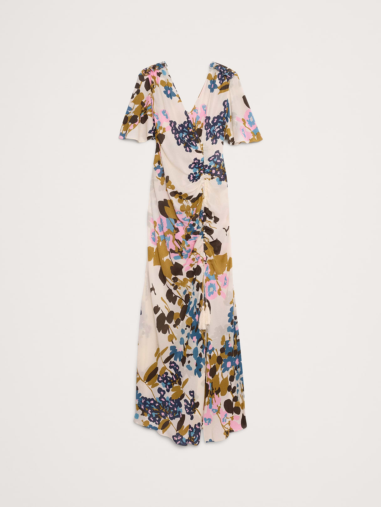 Stretch-Crepe Flutter-Sleeve Maxi Dress - Ivory Floral Graphic