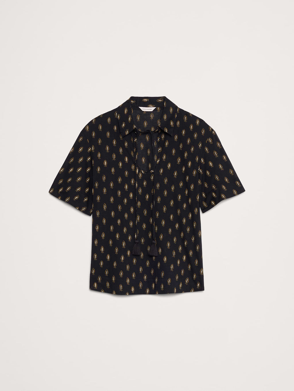 Cotton Popover Shirt with Tassel Tie - Black Paisley